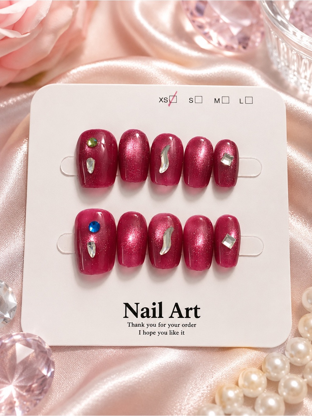 💖 Hot Pink Shimmer Rhinestone Press-On Nails